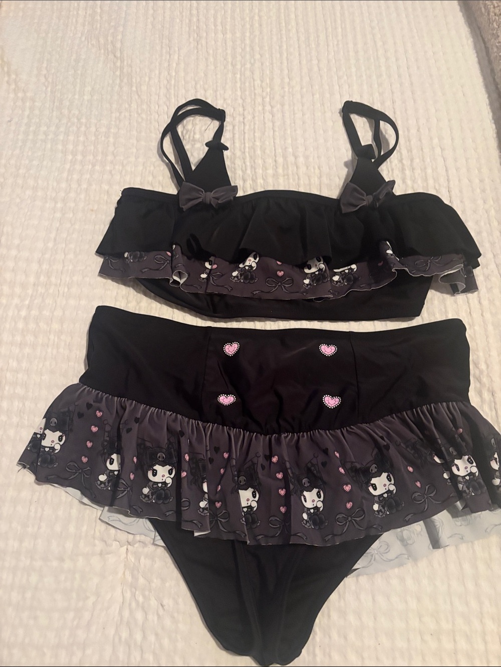 Hello Kitty Black & Gray Ruffled Bandeau Swim Set-Kuromi